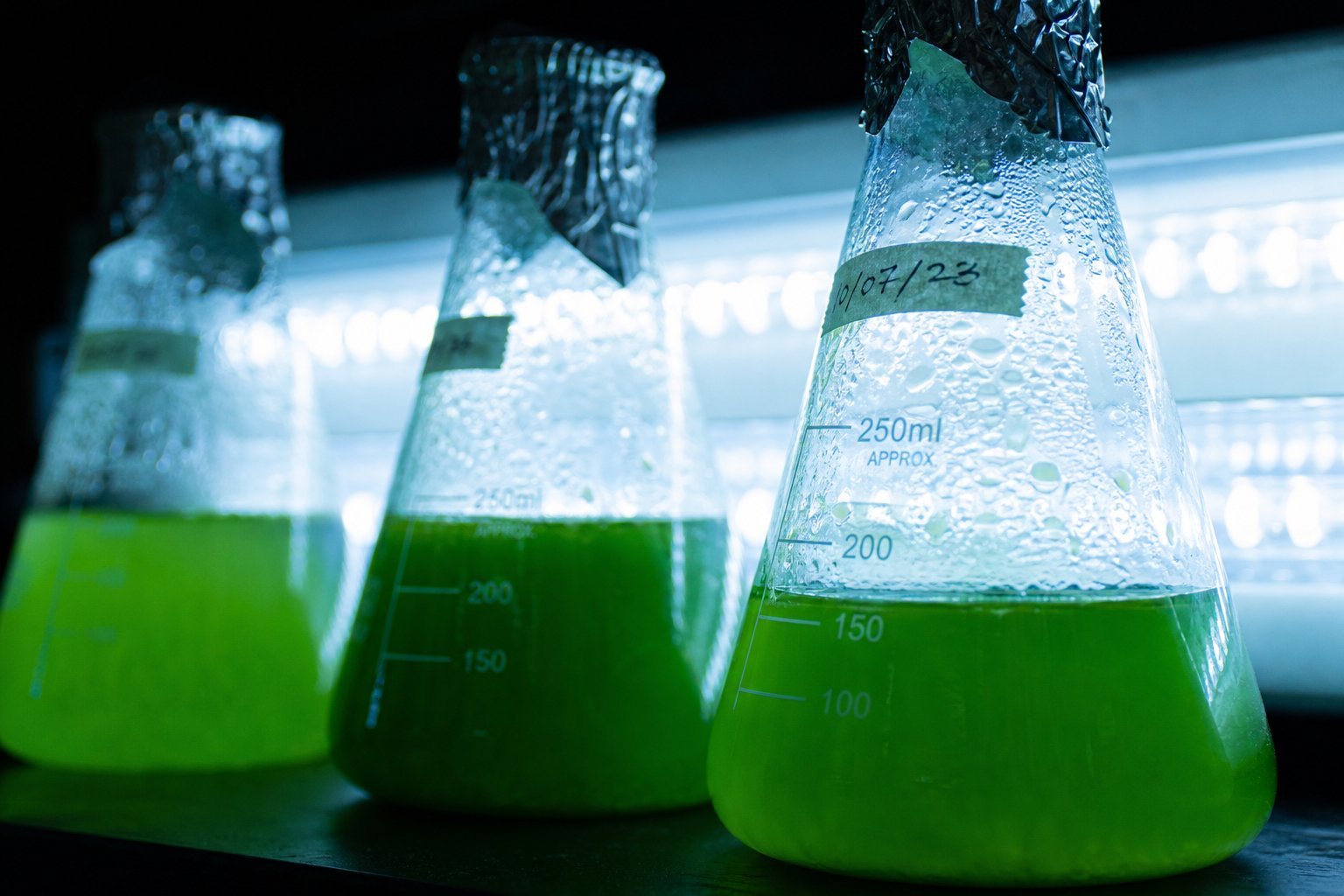 Illustrative green algae cultures in laboratory flasks